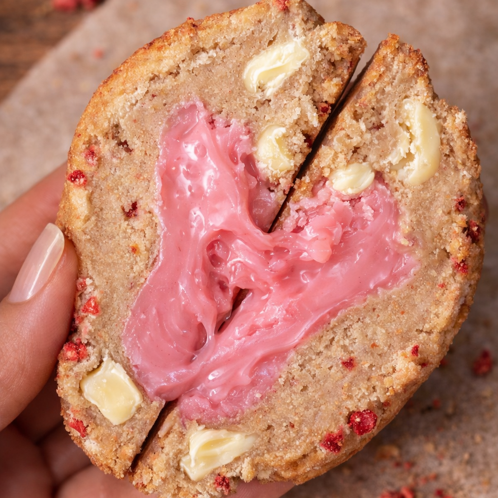 Cookie with pink filling held by a hand on a brown surface