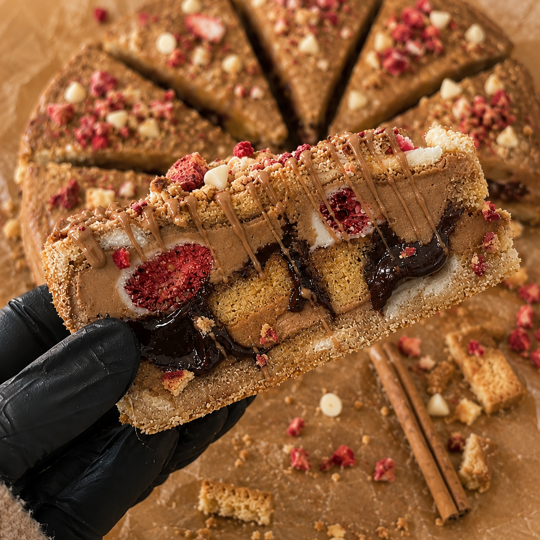 A hand in a black glove holds a slice of layered dessert cake with chocolate, cream, dried berries, and cookie crumbs on a wooden surface with the rest of the cake behind it on parchment paper.